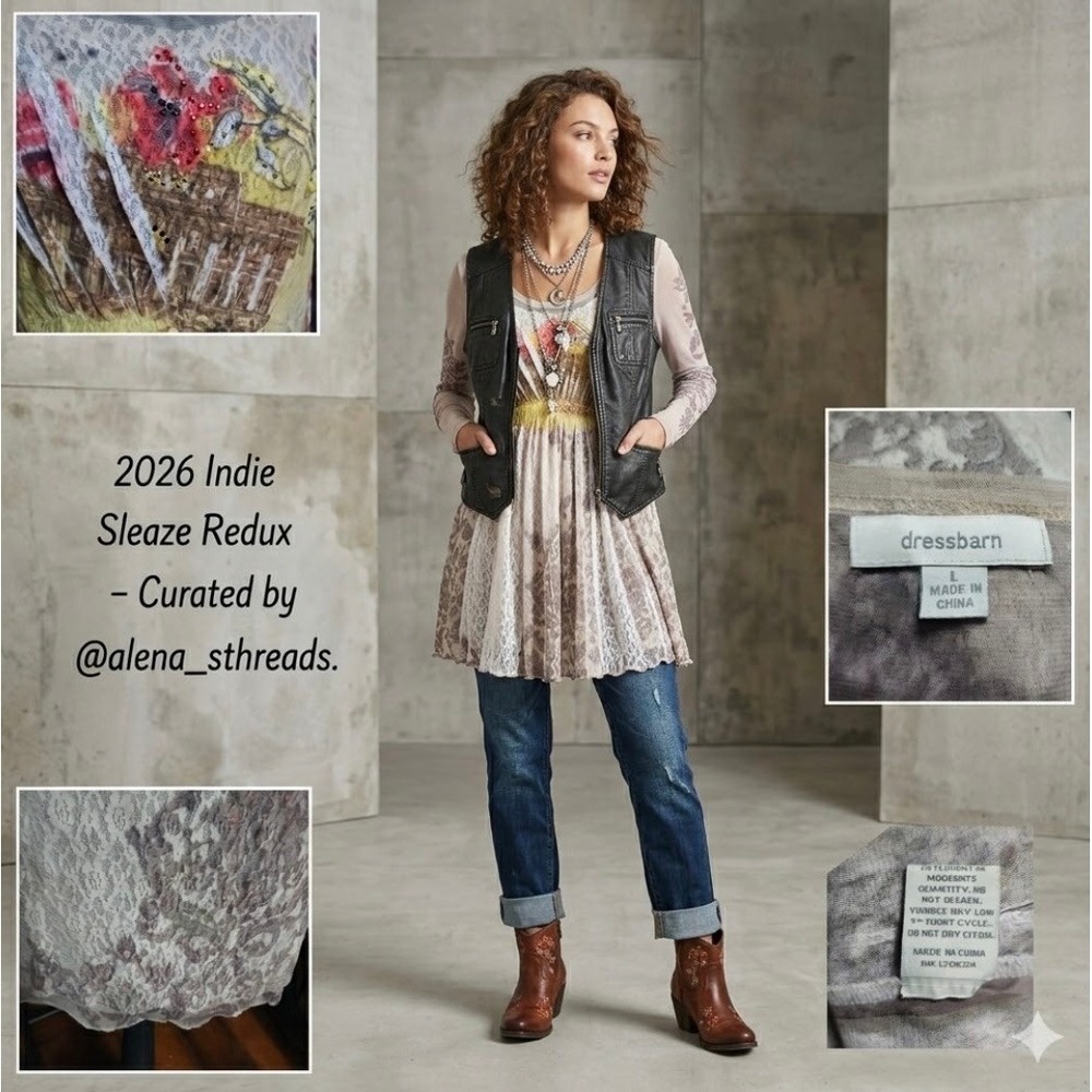 Vintage Sheer Mesh Lace Tunic Top Long Sleeve Graphic Sequin Beige Large - Picture 3 of 11